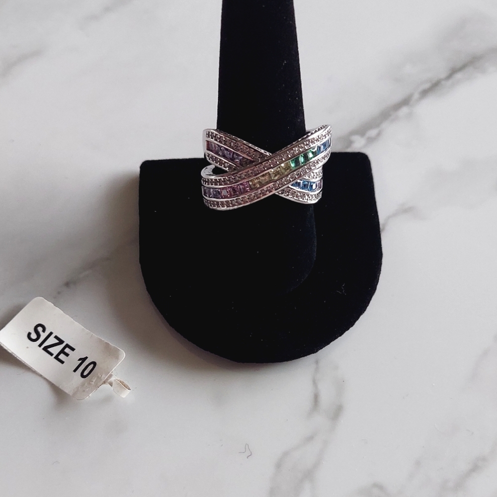 Unique Criss Cross Rainbow Stone Statement Ring